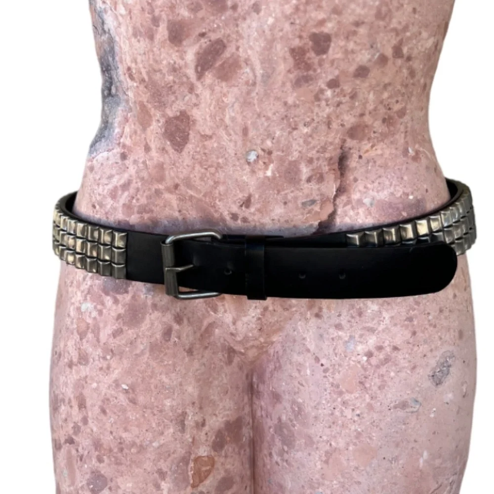 Black Manmade Grunge Style Leather Studded Belt